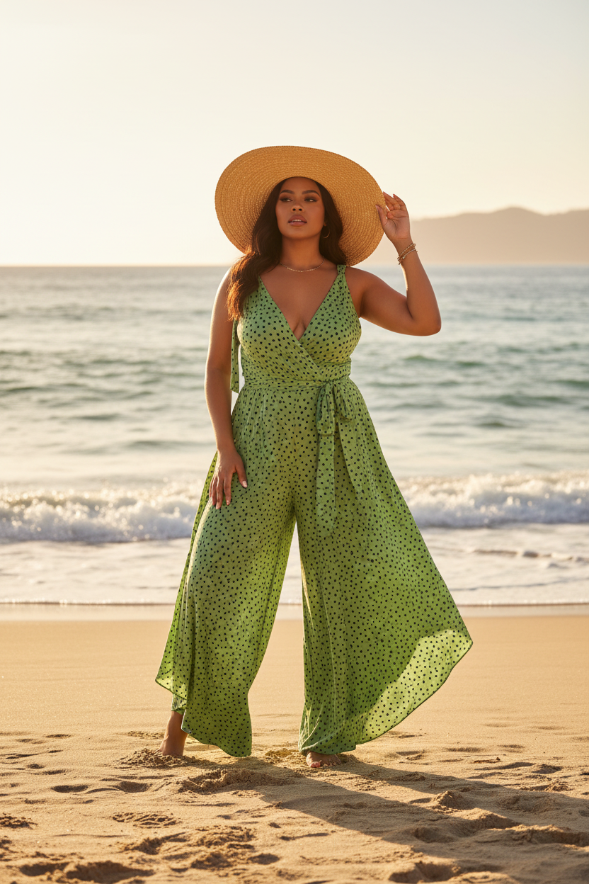 Plus Size Green Printed Jumpsuit Beach Editorial