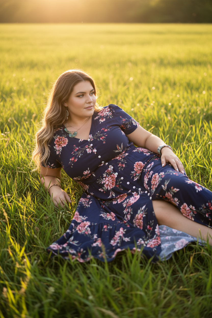 Plus Size V-Neck Maxi Dress Sunset Field