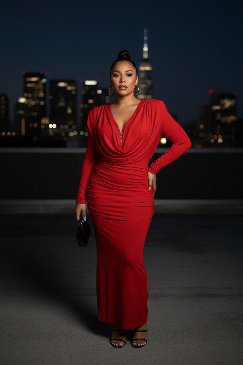 Red Ruched - Moody Rooftop Night