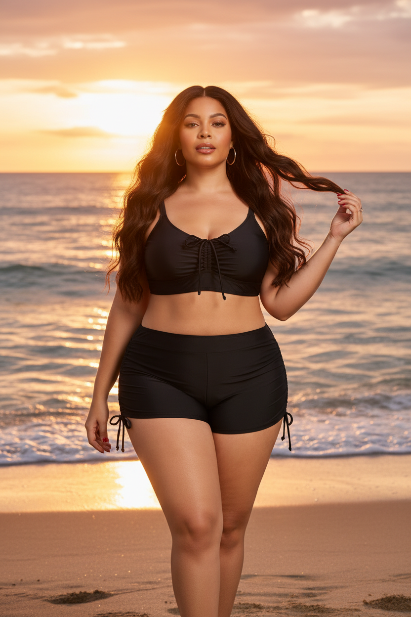 Ruched Drawstring Swim Set editorial beach sunset