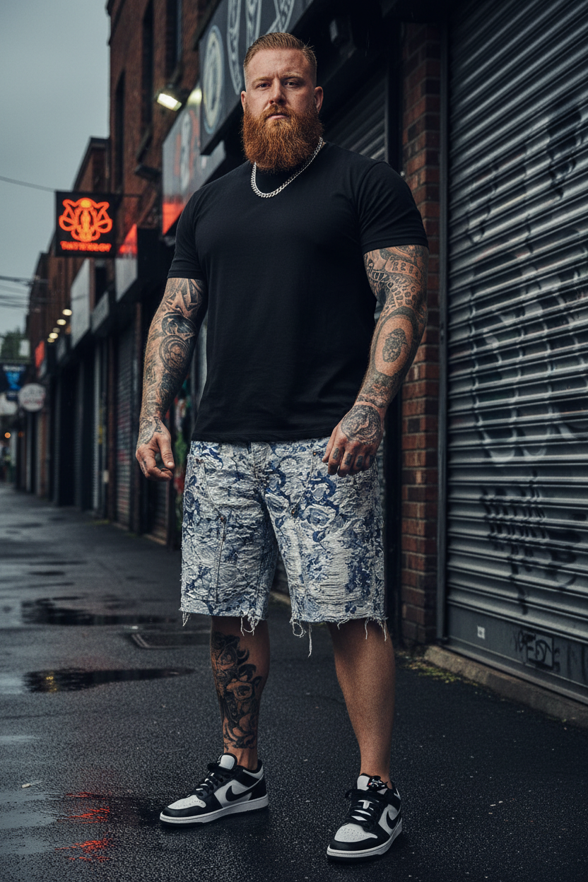 Thick Man in Blue Frayed Denim Shorts