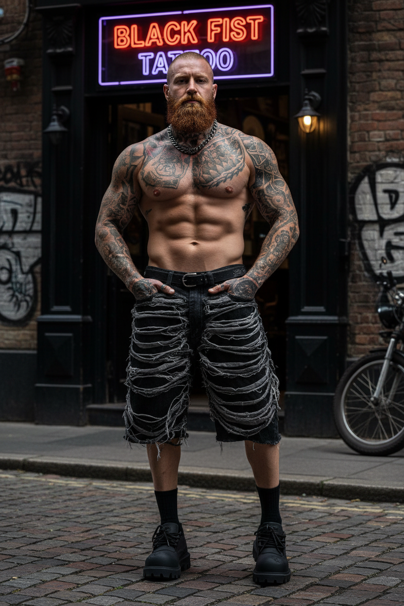 Thick Tattooed Man in Black Frayed Denim Shorts