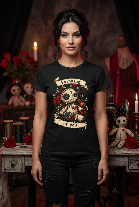 Thinking of You tee in a gothic sewing-room mockup