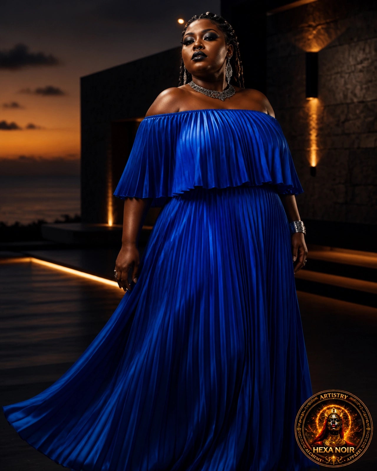 Off-Shoulder Pleated Maxi Dress
